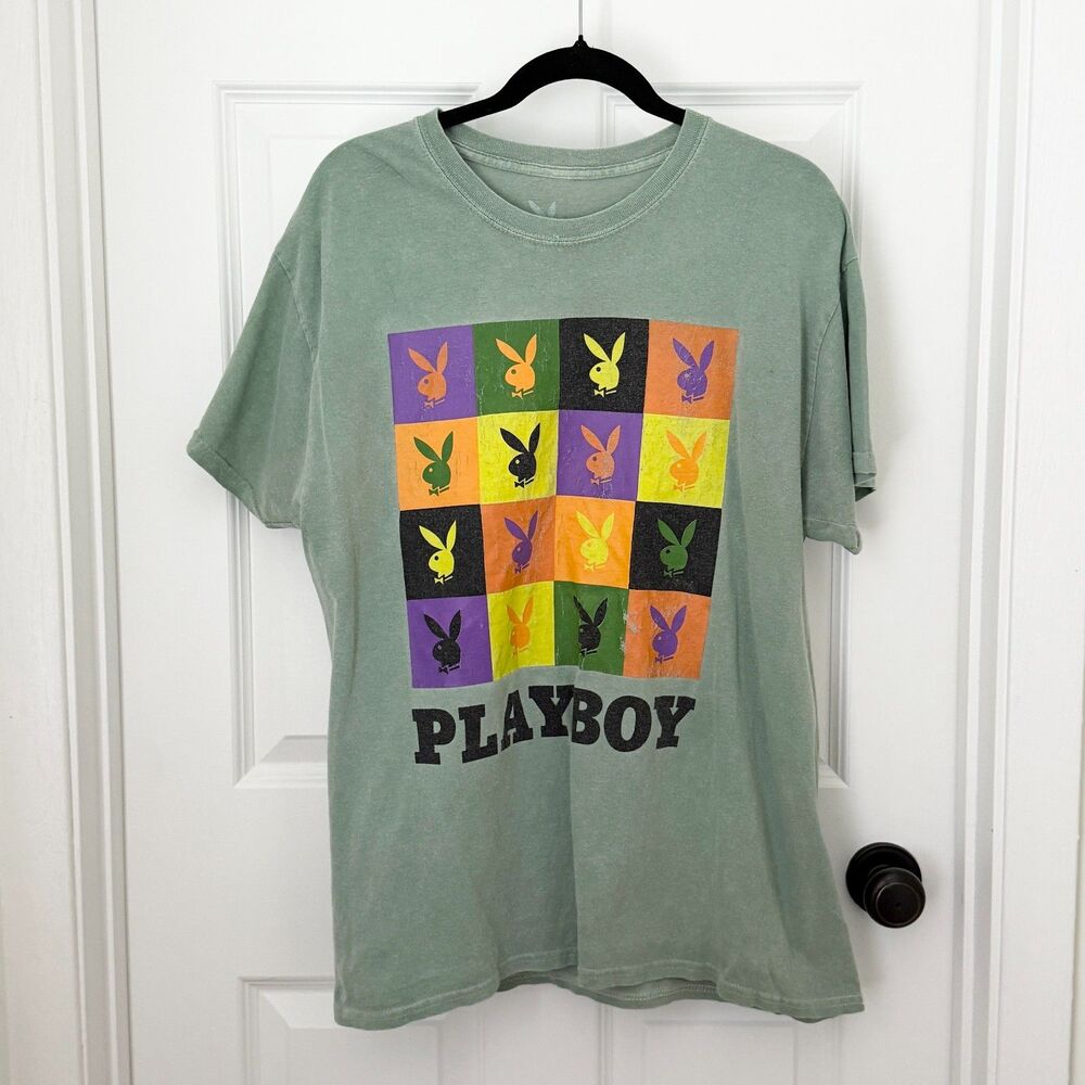 Unisex Playboy Bunny Andy Warhol Style Rabbit Head Logo T Shirt in Sage Green